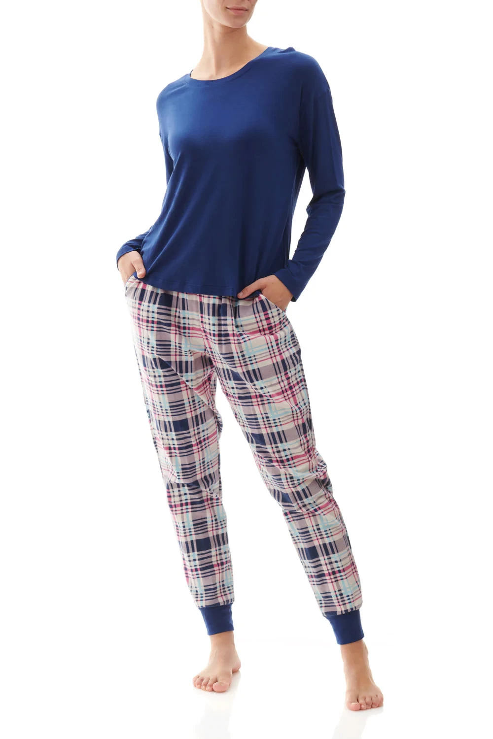 Givoni Hillary Flannelette Ski Pyjamas With Tencel Top 9FL35H Check/Navy