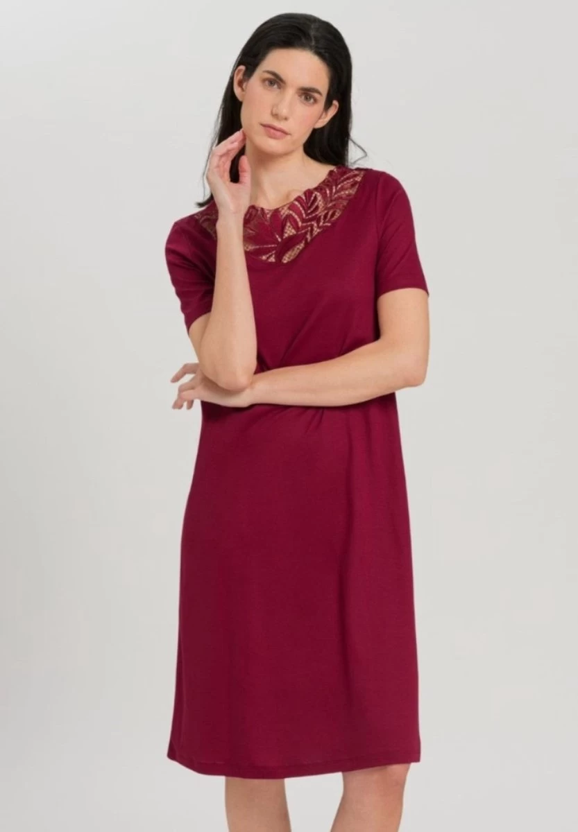 Hanro Zelda Short Sleeved Nightdress 076971 Burgundy - Image 2
