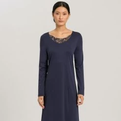 Hanro Felice Long Sleeve 130cm Nightdress 076973 Deep Navy