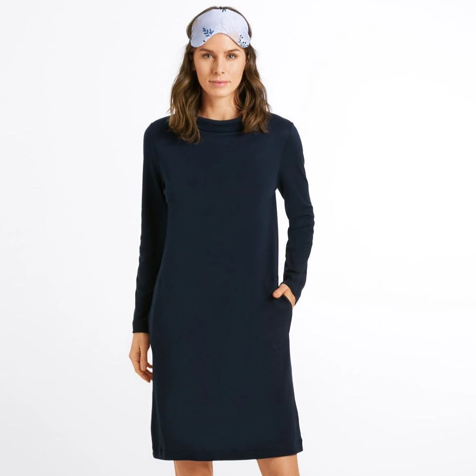 Hanro Milla Long Sleeve 100cm Nightdress 076815 Deep Navy XS